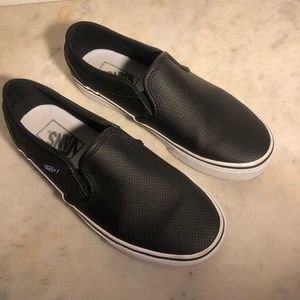 Vans leather womens black slip on 6.5 classic shoe VGUC